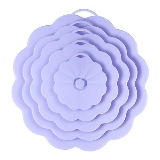Food-Grade Silicone Stretchable Sealing Lids Set of 5 – Leak-Proof Reusable Covers for Bowls, Cups, Plates & Pots, BPA-Free, Heat Resistant to 230°C, Airtight Kitchen Freshness Keepers in Pastel Colors with Flower Knob (Purple)