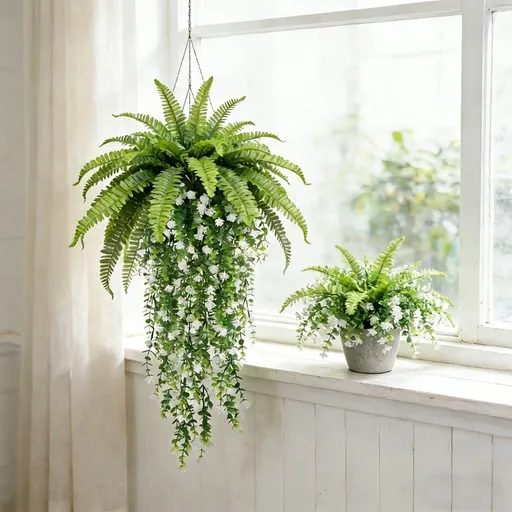 Artificial Hanging Plants | Set of 4 Wall Mounted Faux Ferns | Plastic Greenery Decor for Home Office Shop | Indoor Leaf Strip Suspension Decorations