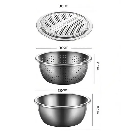 Extra-large size Multifunctional Stainless Steel Vegetable Slicer and Grater Bowl Set - 3-in-1 Kitchen Tool with Colander, Julienne Disc, and Deep Basin for Washing, Draining, Slicing, and Shredding Vegetables