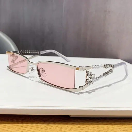 Women's Rectangle Sunglasses, Pearl Rhinestone Silver Metal Frame with Transparent Pink UV400 Lenses for Streetwear, Party, Outdoor