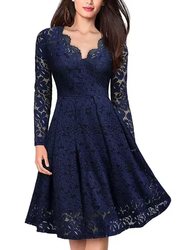 Long Sleeve Lace Dress V-Neck Dress Flared Dress Women'S Formal Dress Elegant - Dark blue - Size XXL