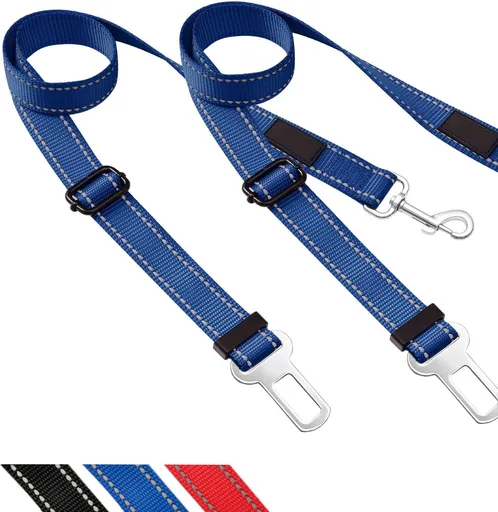 Dogs Cats Car Seat Belts, 2 Packs, Vehicle Harness, Pets Safety Seatbelts, Elastic, Adjtable, Compatibility, Durable Nylon, Paw safe, Tangle Free Black & Blue