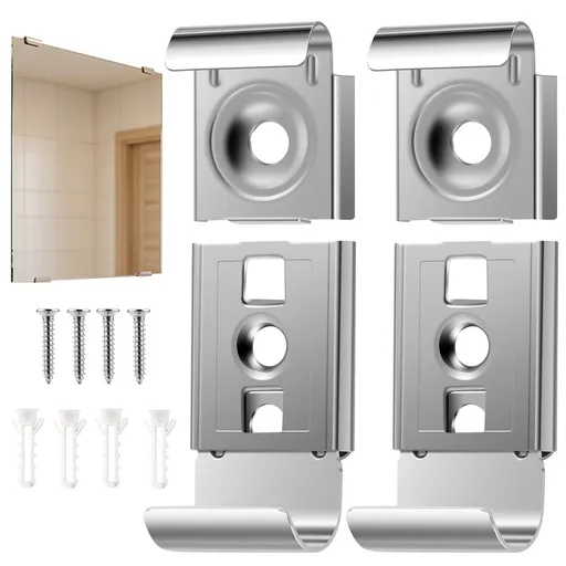 1 Set 4 Pieces Mirror Hanger Clips Set Cold Rolled Steel No Hassle for Bathroom and Furnishing Installation with Plugs and Screws
