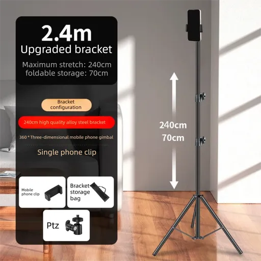 2.4m Black Tripod Stand with Phone Holder Adjustable Floor Stand for Live Streaming Vlogging Overhead Video Recording Makeup Kit with Carry Bag