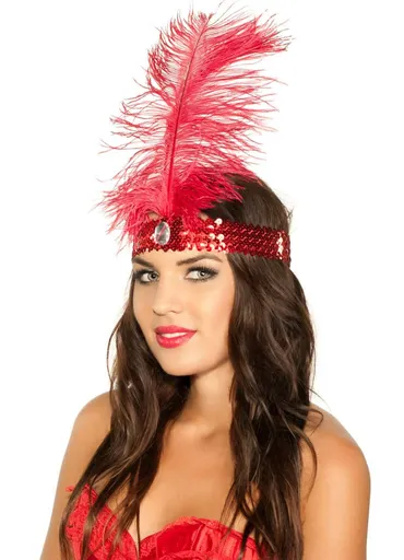 1920s Red Sequin Flapper Headband with Red Feather