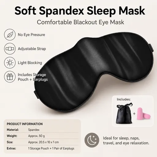 Black Spandex Sleep Eye Mask - 360 Degree Blackout, Zero Pressure Fit, Adjustable Strap, Includes Storage Bag and Earplugs for Travel and Napping