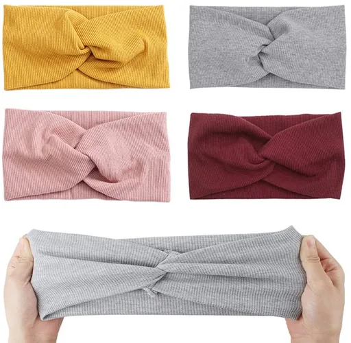 Vierteiliges Stirnband-Set für Damen und Mädchen – Elastics, breites Stirnband – Sport-Stirnband – Baumwoll-Haaraccessoire mit Kreuzmuster für Yoga