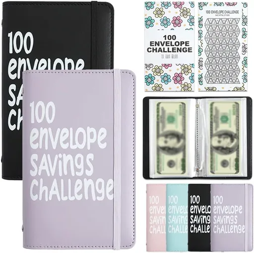 Two-Player 100 Days Envelope Savings Challenge with 50 Clear Double-Sided Pages - Portable A6 Size for Budgeting & Financial Goals (Purple + Black)