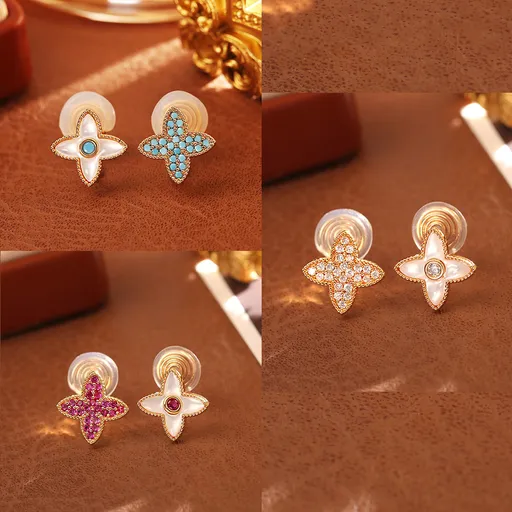 3 Pairs Four Leaf Clover Stud Ear clips Set - Asymmetric Mother of Pearl, Turquoise and Crystal Mismatched Ear clips, Multi-Color Lucky Charm Jewellery for Women
