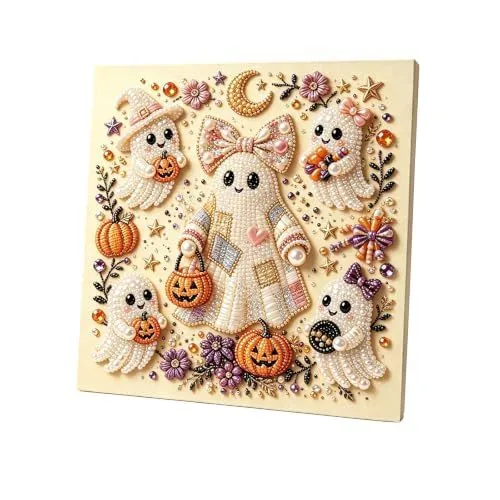 DIY Ghost Halloween Diamond Art Kit for Beginners, Adults & Kids, Fall Craft Decor (light pink)