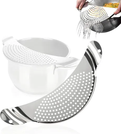 Stainless Steel Draining Aid - Draining Lid with Handles - Colander - 33.5 Cm - BPA-Free - Solid Compact Kitchen Draining Lid - Colander - Kitchen Sieve - Dishwasher Safe - Easy Draining - Storage Hook - For All Sizes of Pans