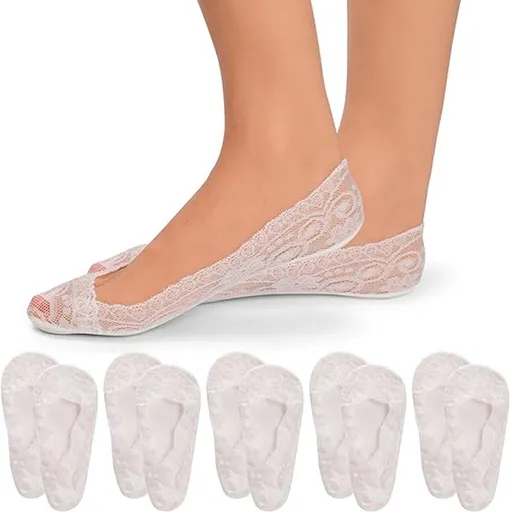 5 Pair White No Show Lace Socks for Women, Non Slip Invisible Boat Socks for Sneakers and Heels