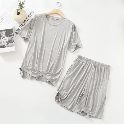 MYAHS Men Modal Sleepwear Set Short Sleeve Shorts Light gray XL (67.50 kg-82.50 kg
