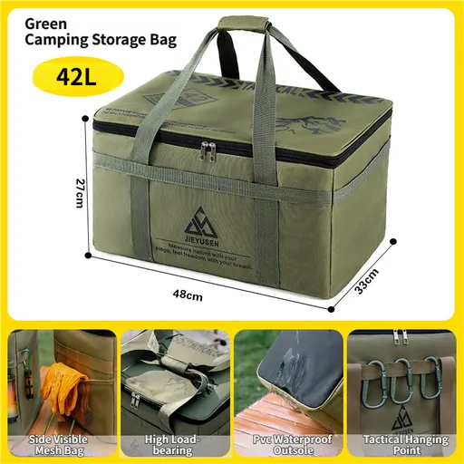 42L Collapsible Outdoor Tactical Organizer, Oxford Fabric Large Capacity Camping Gear Storage Bin with Waterproof PVC Base & Hanging Webbing for Picnic, Hiking, Camping & Kitchen Utensils, Green 38 x 26 x 30cm