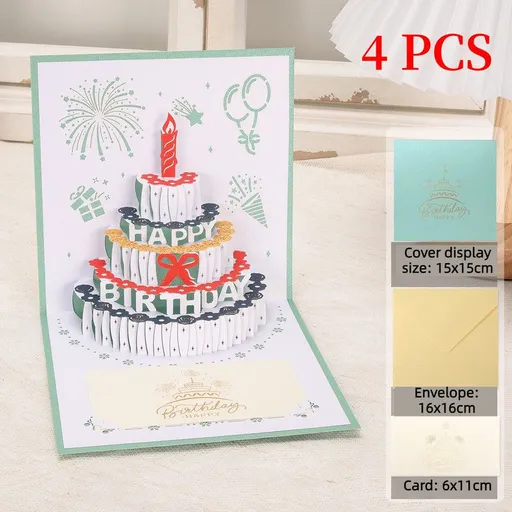 4-Pack - Classic Color Clashes Cake 3D Pop-Up Birthday Cards, Papercut Foldable Greeting Gift Cards - Cyan