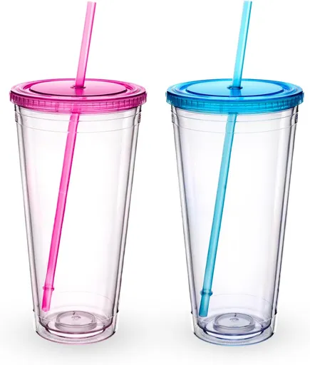 Clear Acrylic Tumbler with Straw and Lid 32 oz, Double Walled Insulated Reusable Plastic Iced Coffee Cup, To Go Cup Perfect for Parties, Birthdays, Fit in Cupholder, BPA Free, Red & Blue 2 Pack