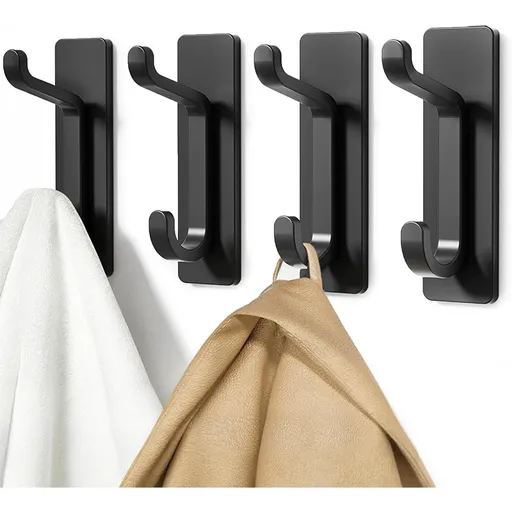 4 Pack Self-Adhesive Towel Hooks, No-Drill Wall Hooks for Towels, Robes and Bags in Bathroom, Kitchen and Entryway, Black