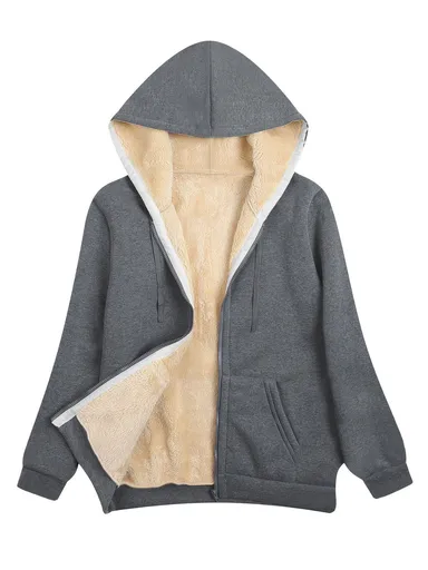Fleece-Lined Hooded Jacket Women'S Winter Jacket Autumn Winter Coat Hooded - Dark Gray - Size S(AU S/EU46)