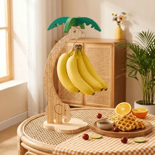 Wooden Banana Holder Stand Decorative Giraffe Elephant Fruit Hanger Tree with Stainless Steel Hook for Kitchen Counter Countertop Storage
