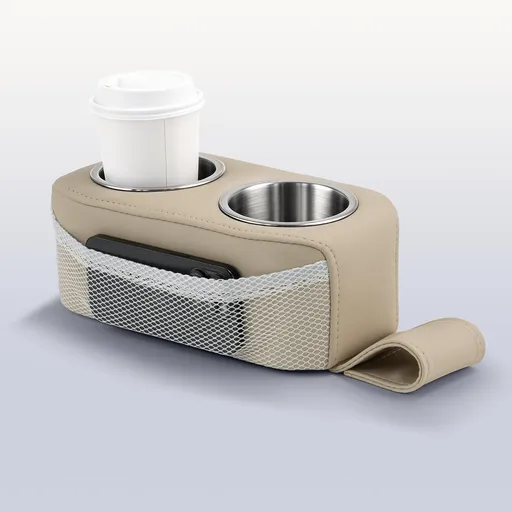 Stainless Steel Double Pontoon Cup Holder with Side Pocket, Marine Drink Holder for Boat Seats, RVs, Cars and Camping Chairs, Khaki