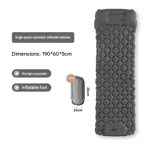 Grey Single Outdoor Foot Pump Inflatable Sleeping Pad （190 x 60 x 5 cm ）- 40D Nylon Camping Air Mattress with Built-in Pillow and Double Valve - Portable Moisture Proof Mat for Hiking Backpacking