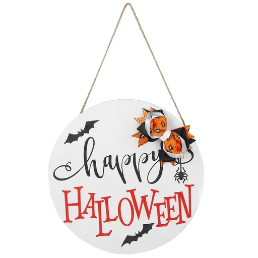 Door Sign Wooden Hanging Halloween Ornament Sign for for Outdoor Indoor Garden Home DecorationWhite with Bow
