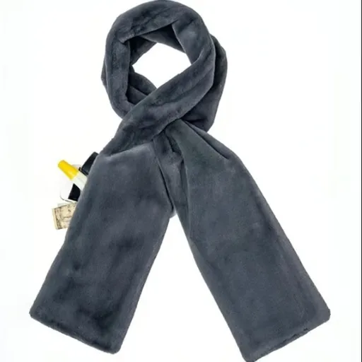 Grey Soft Faux Fur Scarf with 15x20CM Hidden Zipper Pocket - Anti-Theft Travel Scarf for Phone, Passport and Essentials