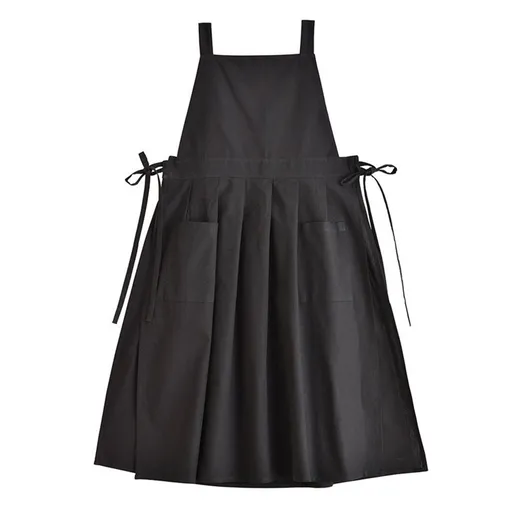 Vintage Cotton Pleated Pinafore Apron Dress with Side Ties, Midi Length, Casual Homeware Style（Black）