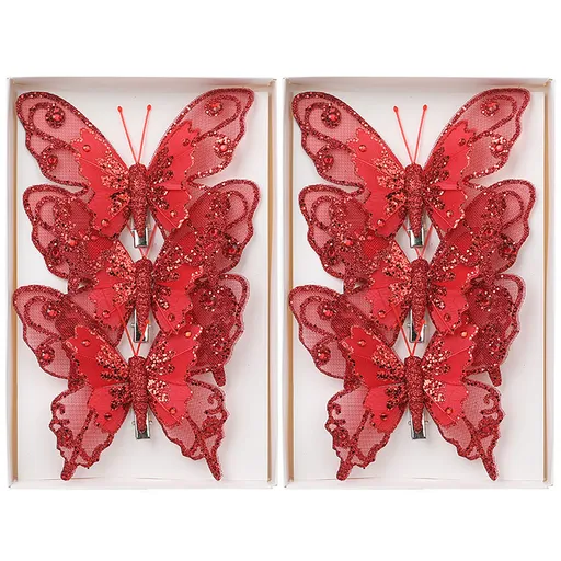 Butterflies Clip On Tree for Decorations Glittering Pearl Butterflies Stickers for DIY Hand Craft Silk Butterflies Xmas Tree Ornaments Home Party Wedding Ceremony Red