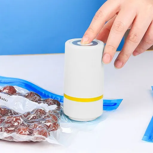 Portable Food Vacuum Sealer | Mini USB Rechargeable Vacuum Pump for Food Storage | Handheld Kitchen Appliance for Meal Prep, Vide & Freezer Bags | White or Blue ABS Plastic | Home & Travel Use