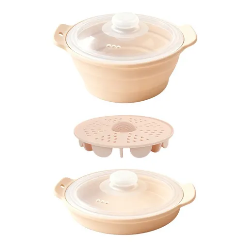 Foldable Food-Grade Silicone Steamer Pot with Lid and Steamer Rack – Space-Saving Collapsible Cookware for Microwave, Air Fryer, Camping, and Outdoor Meals, Available in Round and Rectangular Sizes (Round Style, Beige)
