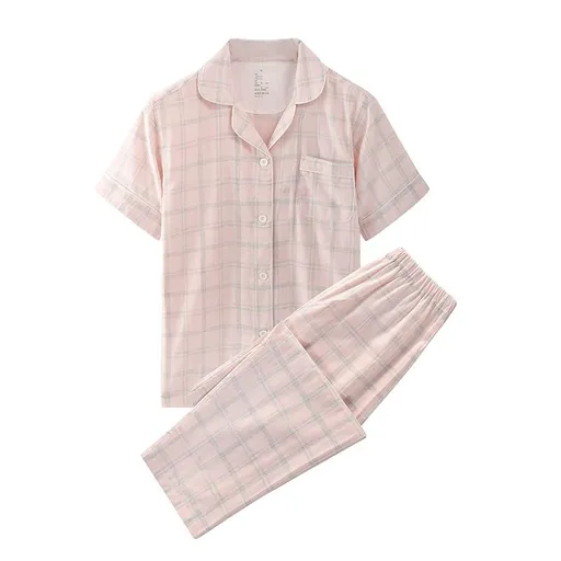 Cotton Short Sleeve Japanese Leisure Sleep Shorts Set Women's linen gray powder plaid short sleeve-short sleeve trousers M