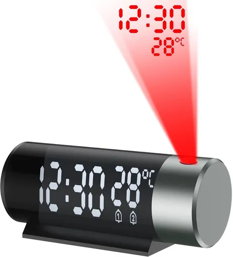 Black USB-Powered Projector Alarm Clock with Dual Alarms, Temperature Display and Red Time Projection