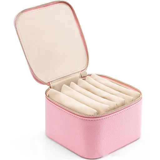 Travel Jewelry Box Organizer - 6 Small Zipped Pouches Pockets for Jewelries Necklaces Rings Earrings Sorting Storage, Pink