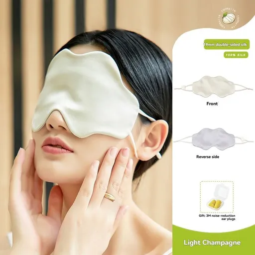 pure silk sleep mask, light blocking sleep mask, cloud shaped sleep mask, mulberry silk eye mask, luxury sleep accessory, travel sleep mask, eye fatigue relief, anti aging eye mask, breathable sleep mask, 3M ear plugs sleep - Light champagne - Size M