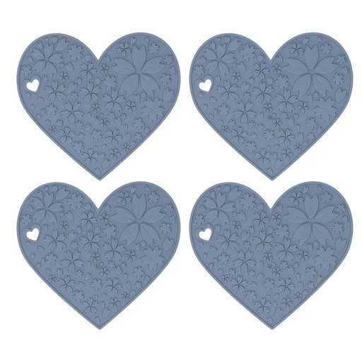 4PCS Silicone Placemats Heart Shaped Non Slip Waterproof Heat Resistant Washable Dinning Table Mat for Pet Feeding Kitchen Sink Grey