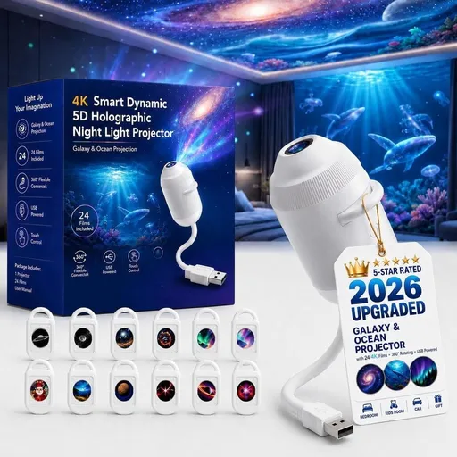 Upgraded Smart Dynamic 5D Holographic Night Light Projector with 24 Films, Plug and Play HD Projector, 2-in-1 Star Projector, 360 Rotating, USB Powered (With 24 Films)