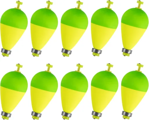 10 Pack Fishing Bobbers Floats, Weighted for Pear Shape EVA Foam Oval Snap-on Floats Corks Floaters Buoys Crappie Bass Panfish Bluegills Trout Yellow&Green 1.6IN - 9/32OZ