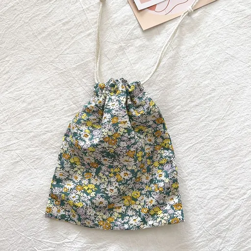 Travel Storage Cotton Bag Drawstring Multi-Purpose. Green small floral-cotton material