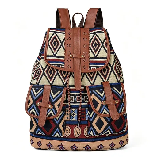 Casual Vintage Drawstring Backpack Large Capacity Beige Blue Aztec Design