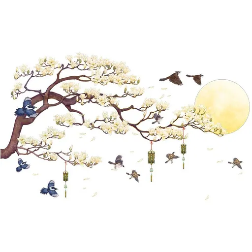 Tree Branches Flying Birds Wall Stickers Peel and Stick Flowers Moon Wall Decals Removable Wind Chimes Birds Wall Murals for Kids