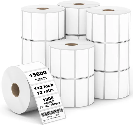 【15600 Labels/12 Rolls】 3-Proof 1" Core 2" x 1" Direct Thermal Label (51mm x 25mm) Multipurpose Shipping Address Barcodes Labels Compatible for Zebra & Rollo Desktop Label Printer