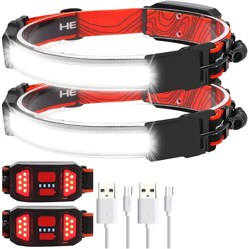 LED Headlamp Rechargeable 230° Wide Angle Lighting Lightweight 2-Pack
