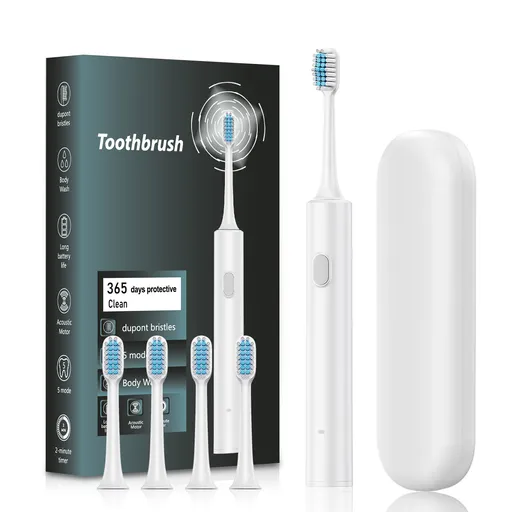 Sonic Electric Toothbrush Kit with 5 Cleaning Modes 4 Heads Travel Case White