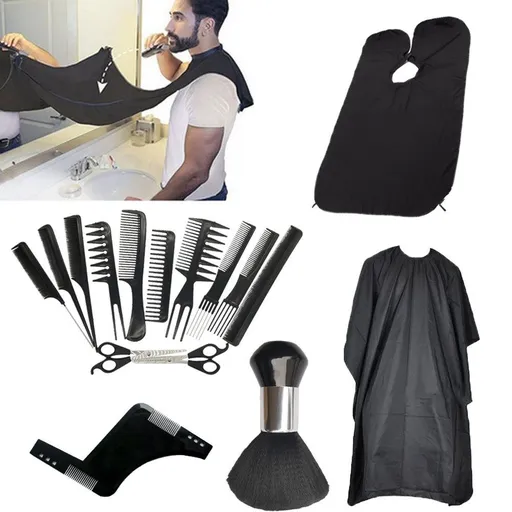 Generic Professional Hairdressing Kit 16 Pieces: Scissors, Combs, Umbrella Cape, Apron and Accessories for Barbers and Stylists, Black