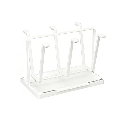 6 Hook Stainless Steel Cup Rack with Drip Tray for Mugs and Glasses - White
