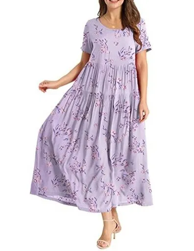 Women Floral Long Dress Short Sleeve Polyester Picture color 20 XXL Size: XXL; Height (cm): 175-180; Weight (kg): 65-70; Bust (cm): 98-102; Waist (cm): 82-86; Shoulder width (cm): 41; Length (cm): 66