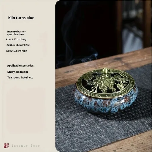 Glaze-transmutation ceramic incense burner with retro copper lid, fireproof mat, and incense coil holder. Suitable for various incense types, ideal for creative home decor and festive gifting.（Kiln turns blue）