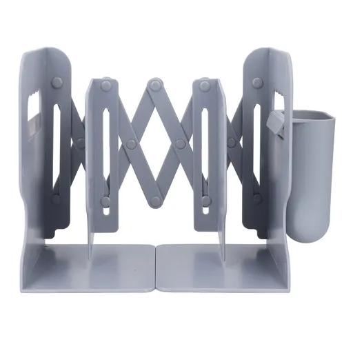 Extendable Bookend Non Skid PP Heavy Duty Decorative Adjustable Book Shelf Holder for Desk with Detachable Pen Holder Grey