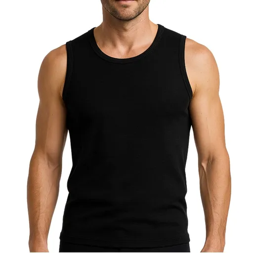 Thermo Fleece Mens 100% Pure Merino Wool Singlet Thermal Underwear - Black